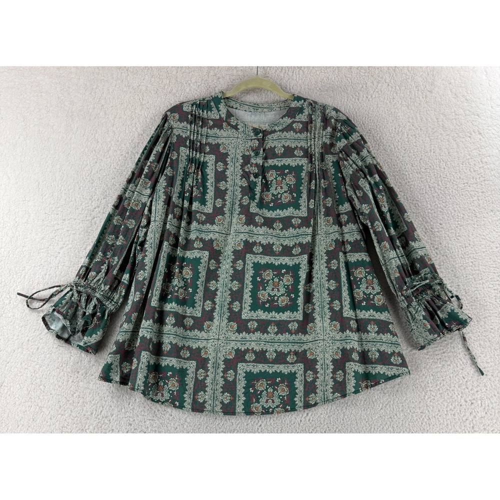 Porridge Top Women Size 2X Green Geometric Print Long Sleeve Peasant Boho Casual